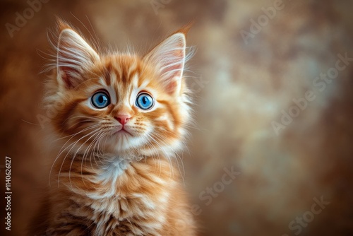 Cute orange kitten with bright blue eyes sitting against a soft brown background
