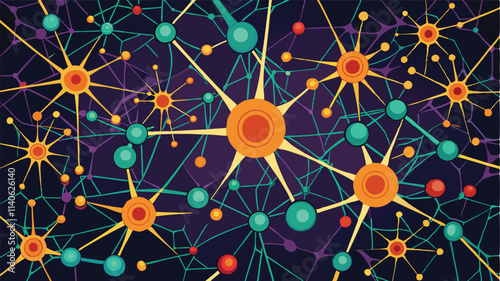 Colorful abstract vector representation of a network of interconnected cells or molecules on a dark background