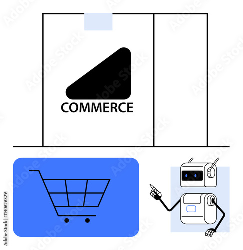 Shopping cart inside blue square, black Commerce text with abstract shape, AI robot gesturing. Ideal for e-commerce, marketing, AI technology, robotics, innovation, digital solutions, tech trends