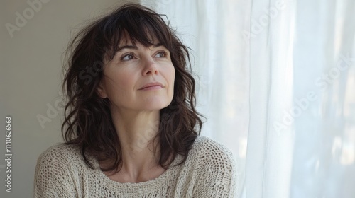 woman looks out a window with natural lighting