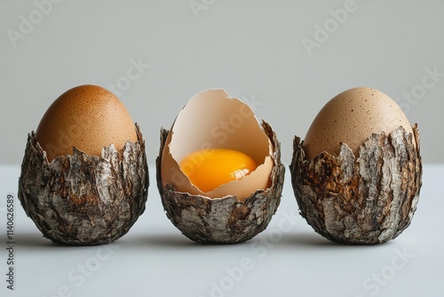 Brown eggs with one cracked open exposing a bright yolk and white on a clean ...