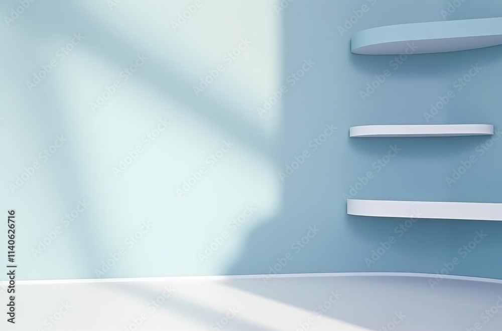 minimalist room featuring a light blue wall and white shelves casting soft shadows on the floor creating a serene atmosphere. minimalist room featuring a light blue wall and white shelves casting soft shadows on the floor creating a serene atmosphere.