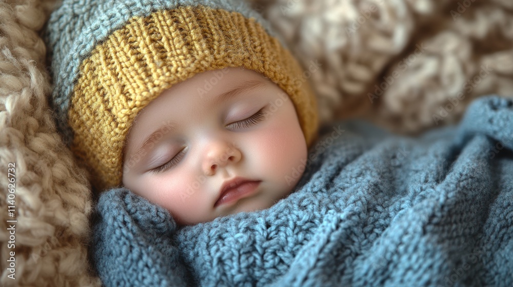 A Peaceful Infant Sleeping Wrapped in a Cozy Blanket with a Knitted Hat, Capturing the Serenity and Innocence of Childhood, While Resting Comfortably in Thoughtful Textures and Colors A Peaceful Infant Sleeping Wrapped in a Cozy Blanket with a Knitted Hat, Capturing the Serenity and Innocence of Childhood, While Resting Comfortably in Thoughtful Textures and Colors