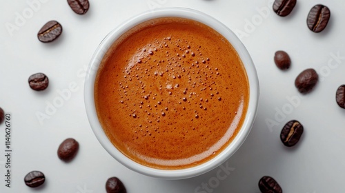 Delicious coffee with heart latte art surrounded by roasted coffee beans
