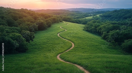 Scenic winding path through lush green fields at sunset in a tranquil landscape