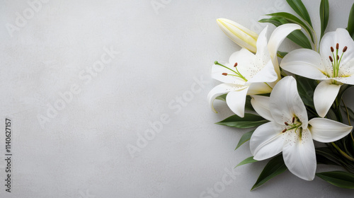 serene bouquet of white Easter lilies on soft gray background