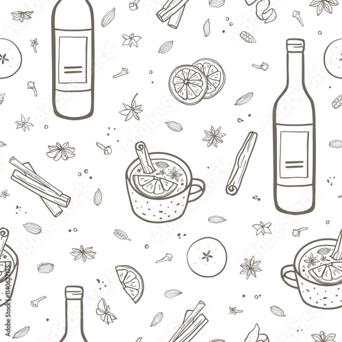 Hand drawn mulled wine ingredients seamless pattern