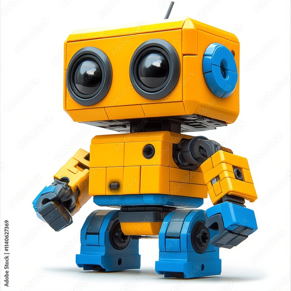 Retro blue robot toy with yellow accents standing on a plain background Retro blue robot toy with yellow accents standing on a plain background