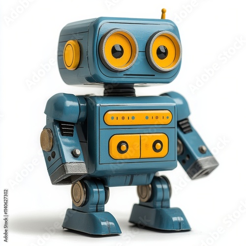 Retro blue robot toy with yellow accents standing on a plain background