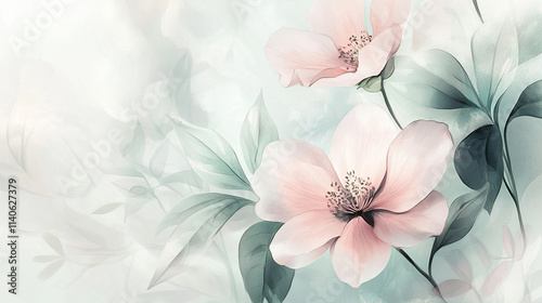 Fototapeta Naklejka Na Ścianę i Meble -  Delicate pastel watercolor flowers with soft green leaves on a white background