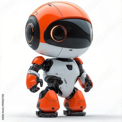 Retro blue robot toy with yellow accents standing on a plain background