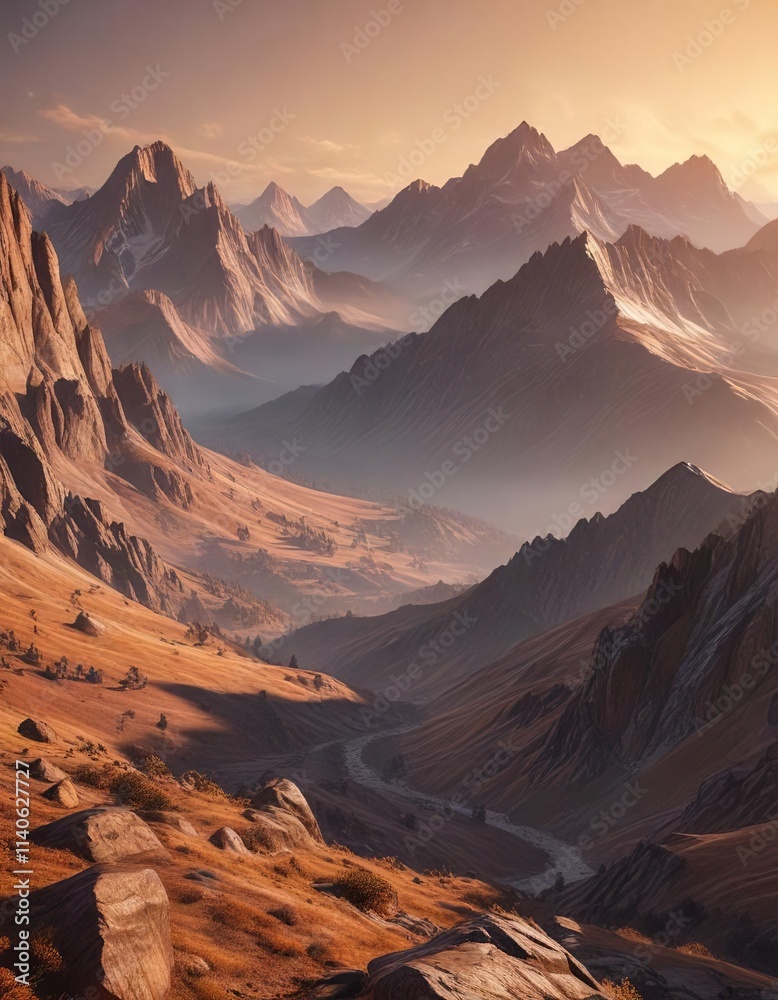 Naklejka premium A realistic landscape of a mountain range at dawn with a bronze glimmer background, dawn scenery, gradient effect