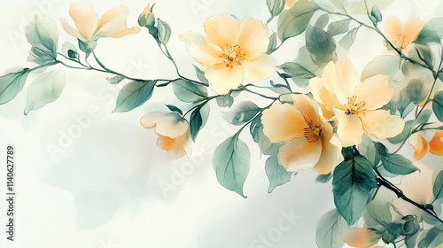 Fototapeta Naklejka Na Ścianę i Meble -  Delicate pastel watercolor flowers with soft green leaves on a white background