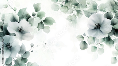 Fototapeta Naklejka Na Ścianę i Meble -  Delicate pastel watercolor flowers with soft green leaves on a white background