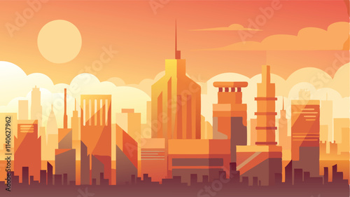 Vibrant sunset over a modern skyline with skyscrapers and clouds in a vector illustration
