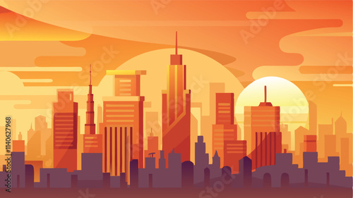 Vibrant sunset over a modern skyline with skyscrapers and clouds in a vector illustration
