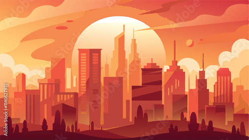 Vibrant sunset over a modern skyline with skyscrapers and clouds in a vector illustration