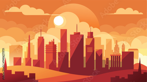Vibrant sunset over a modern skyline with skyscrapers and clouds in a vector illustration