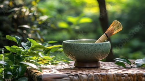 Matcha preparation with traditional bamboo whisks in a decorative bowl on a r...