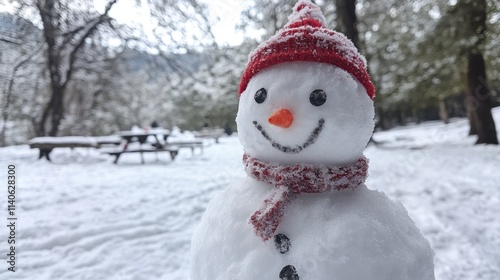 Snowman with a red hat and scarf standing in a snowy winter park surrounded by snow-covered trees photo