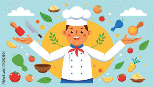 Creative chef surrounded by colorful ingredients and cooking tools in a vibrant kitchen setting during a lively culinary session