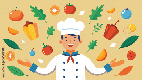 Creative chef surrounded by colorful ingredients and cooking tools in a vibrant kitchen setting during a lively culinary session