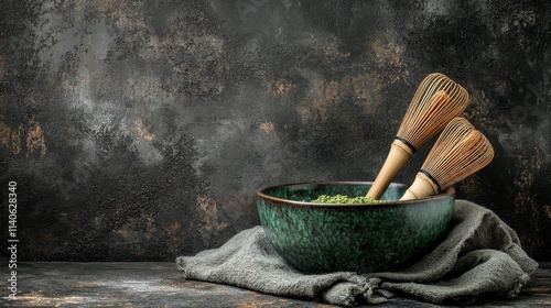 Matcha preparation with traditional bamboo whisks in a decorative bowl on a r...