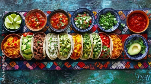 Variety of colorful tacos and fresh toppings displayed on a vibrant woven cloth