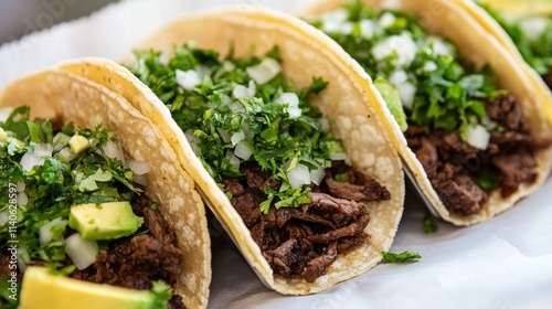 Variety of colorful tacos and fresh toppings displayed on a vibrant woven cloth