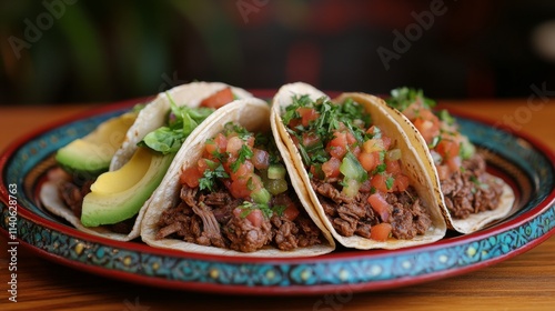 Variety of colorful tacos and fresh toppings displayed on a vibrant woven cloth