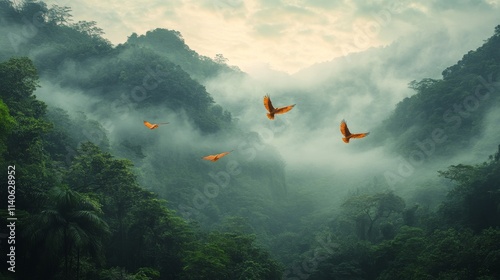 Majestic golden birds soaring over lush green mountains in a misty landscape ...