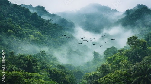 Majestic golden birds soaring over lush green mountains in a misty landscape ...