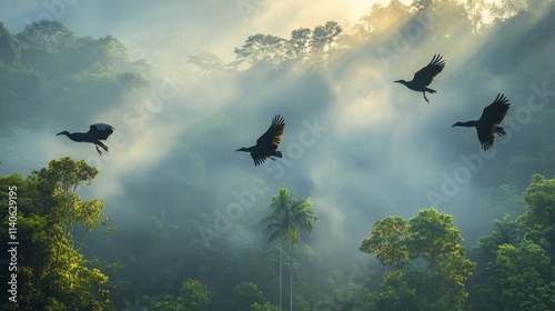 Majestic golden birds soaring over lush green mountains in a misty landscape ...