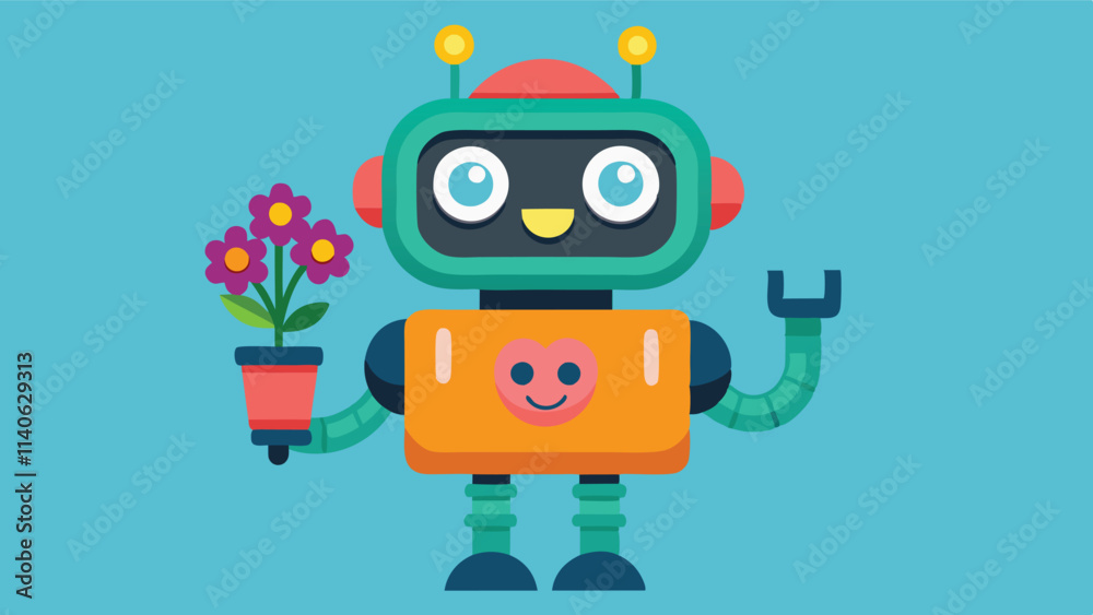 Cheerful robot holding flowers and hearts in a bright blue background, representing love and friendship in a modern, playful design Cheerful robot holding flowers and hearts in a bright blue background, representing love and friendship in a modern, playful design