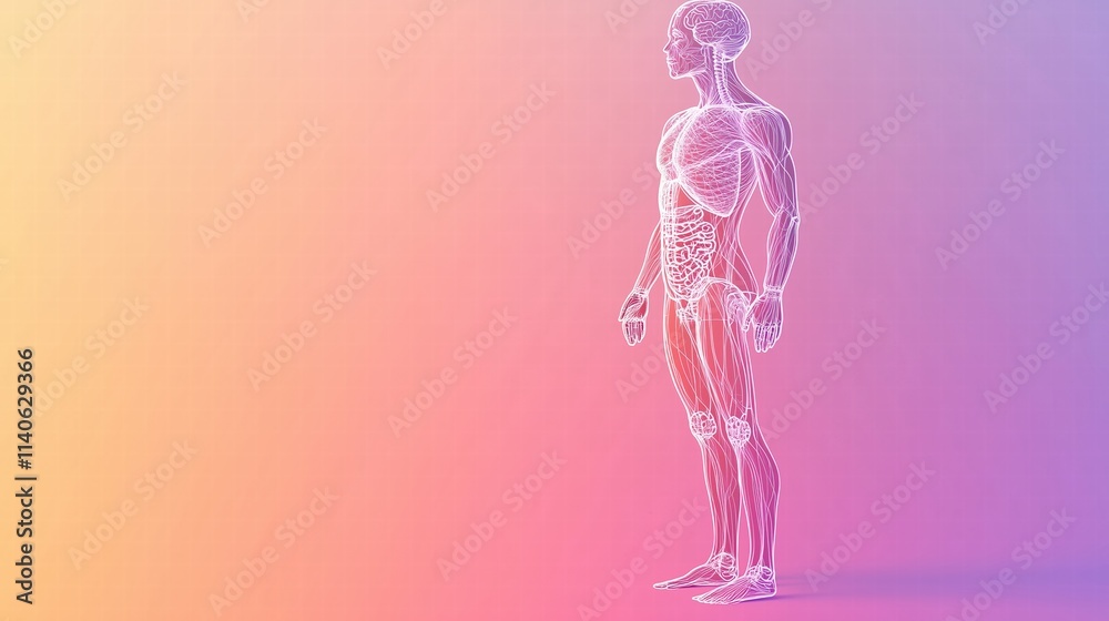 Wireframe illustration of the human body on gradient background. Anatomy and medical studies Wireframe illustration of the human body on gradient background. Anatomy and medical studies