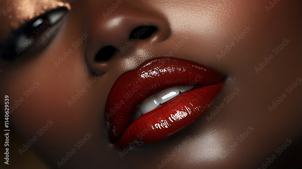Obraz premium Full lips with a glossy scarlet tint, radiant with a dewy, high-shine finish under soft ambient lighting, ultra-sharp focus on realistic textures, with a blurred warm-toned background,