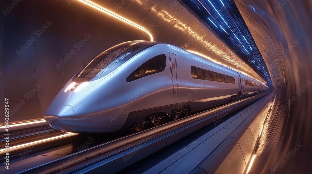 A high-speed train traveling through a futuristic tunnel, with glowing lights creating a sci-fi atmosphere and a sense of speed A high-speed train traveling through a futuristic tunnel, with glowing lights creating a sci-fi atmosphere and a sense of speed
