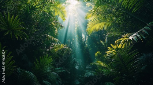 Light filters through dense jungle foliage in a serene and vibrant rainforest...