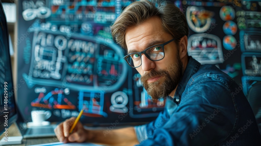 Businessman analyzes financial data and growth trends for strategic investment planning Businessman analyzes financial data and growth trends for strategic investment planning