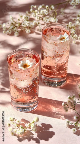 Refreshing floral drinks in elegant glasses on a soft pink background with de...