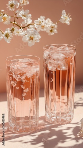 Refreshing floral drinks in elegant glasses on a soft pink background with de...