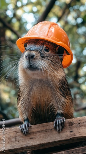 Hutia wearing orange safety helmet on wooden beam photo