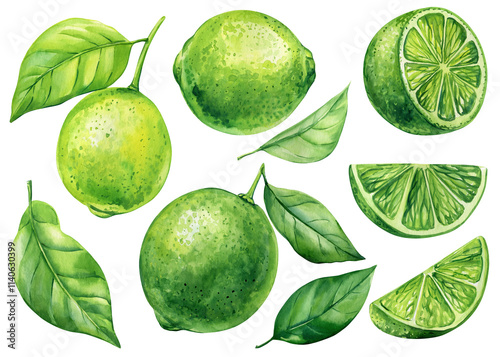 Watercolor lime set with green leaves, sliced citrus fruits botanical painting tropical illustration fresh food isolated photo