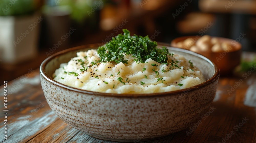 Bowl of mashed potatoes garnished with fresh herbs and spices on rustic table Bowl of mashed potatoes garnished with fresh herbs and spices on rustic table