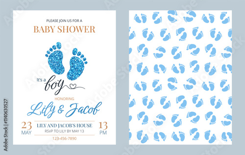 Invitation card set for a baby shower, birthday, or gender reveal party. It's a Boy. Isolated vertical postcard templates with footprints, glitter, text and pattern. Vector illustrations.