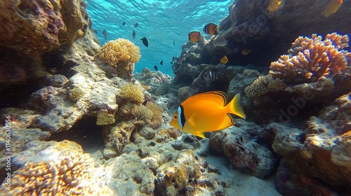 Colorful fish swimming near coral reef in clear tropical waters at midday