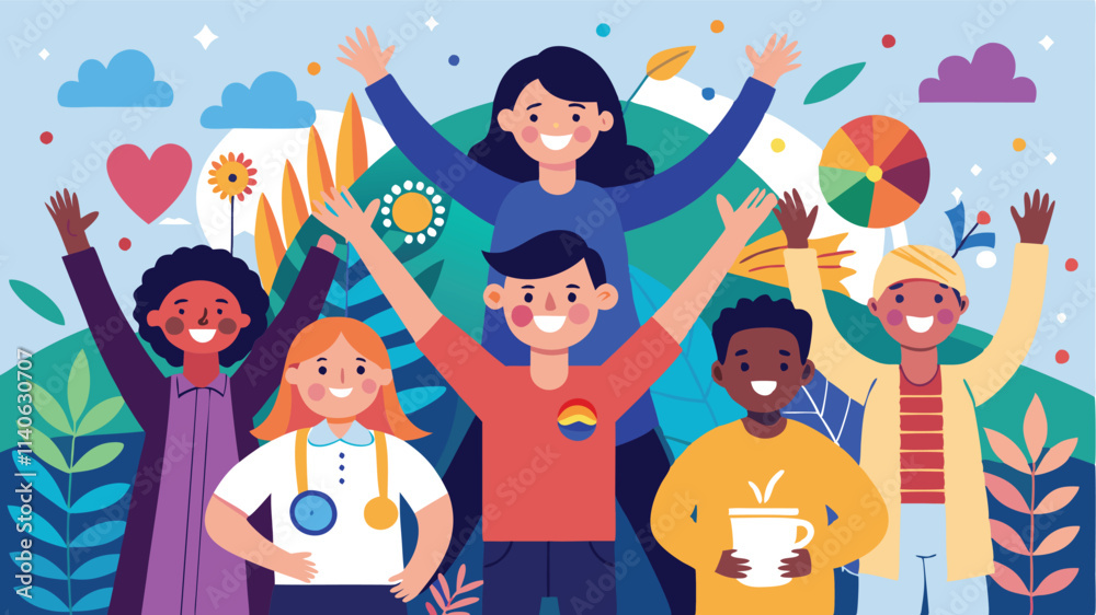 Kids celebrating creativity and diversity through art and nature in a vibrant, colorful illustration Kids celebrating creativity and diversity through art and nature in a vibrant, colorful illustration