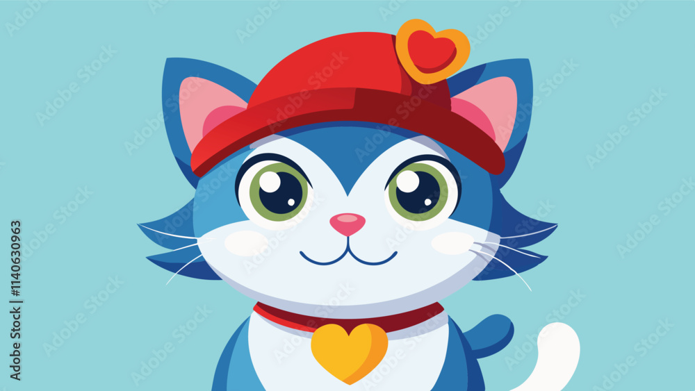 Cute vector illustration of a friendly cat wearing a hat and heart necklace against a blue background conveying a joyful and playful spirit Cute vector illustration of a friendly cat wearing a hat and heart necklace against a blue background conveying a joyful and playful spirit