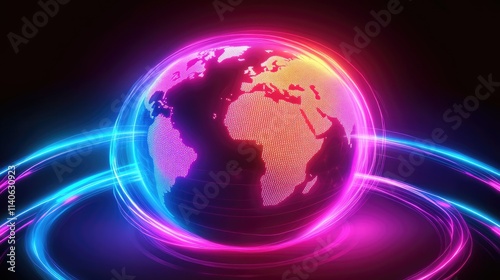 A concept of global connectivity visualized as a digital hologram of Earth, network lines glowing in vibrant neon shades, futuristic sci-fi style