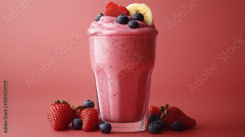 Refreshing berry smoothie served in a tall glass with fresh fruit toppings at a cafe